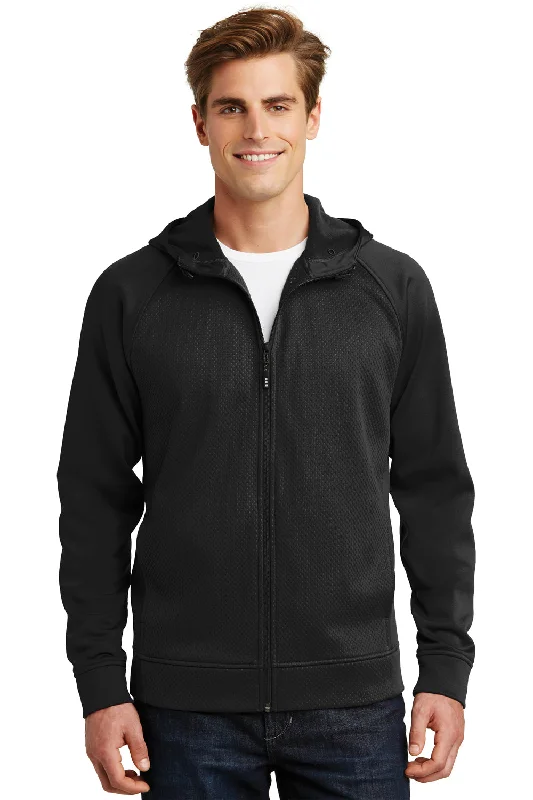 Men's sustainable casual hoodie-Sport-Tek Mens Rival Tech Moisture Wicking Fleece Full Zip Hooded Sweatshirt Hoodie w/ Pockets - Black - Closeout