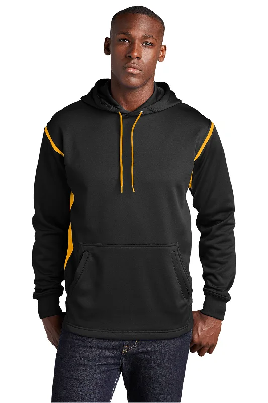 Men's ultra-light performance hoodie-Sport-Tek Mens Tech Moisture Wicking Fleece Hooded Sweatshirt Hoodie w/ Pouch Pocket - Black/Gold