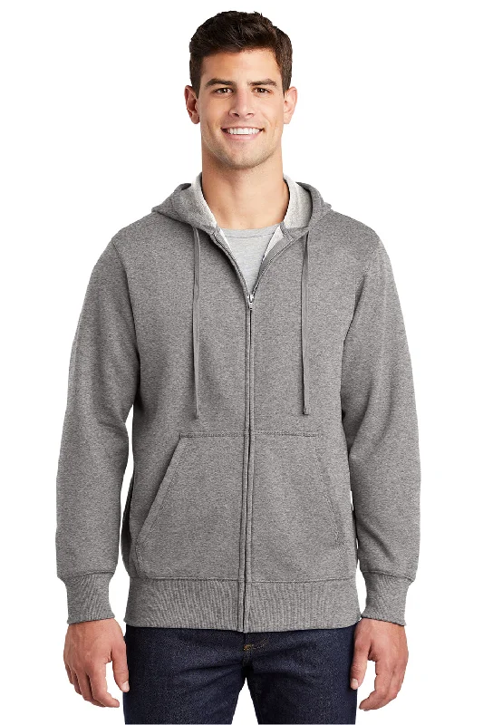 Men's performance gym hoodie-Sport-Tek Mens Fleece Full Zip Hooded Sweatshirt Hoodie w/ Pouch Pocket - Heather Vintage Grey