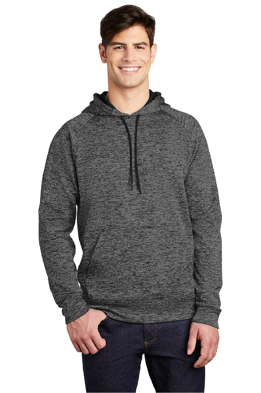 Men's gym-ready fleece hoodie-Sport-Tek Mens Electric Heather Moisture Wicking Fleece Hooded Sweatshirt Hoodie w/ Pouch Pocket - Grey Black Electric