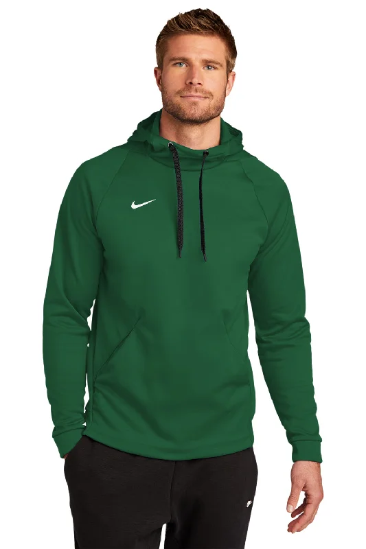 Men's summer workout hoodie-Nike Mens Therma-Fit Moisture Wicking Fleece Hooded Sweatshirt Hoodie w/ Pouch Pocket - Team Dark Green