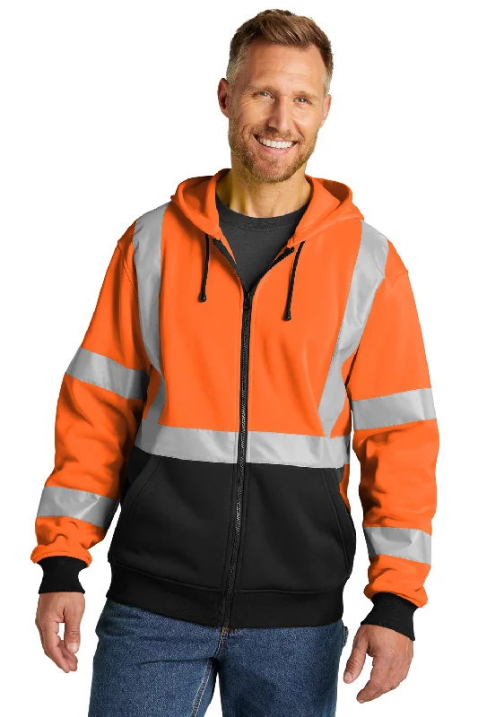 Men's versatile hiking hoodie-CornerStone Mens Enhanced Visibility Fleece Full Zip Hooded Sweatshirt Hoodie w/ Pockets - Safety Orange