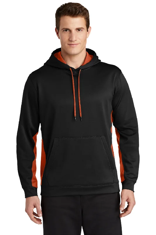 Men's comfortable hiking hoodie-Sport-Tek Mens Sport-Wick Moisture Wicking Fleece Hooded Sweatshirt Hoodie w/ Pouch Pocket - Black/Deep Orange