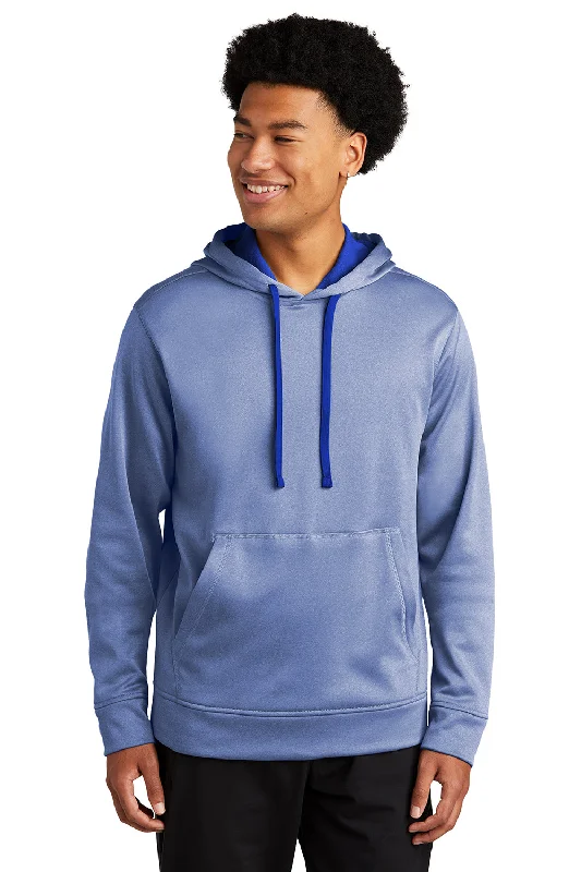 Men's gym-ready travel hoodie-Sport-Tek Mens Heather Sport-Wick Moisture Wicking Fleece Hooded Sweatshirt Hoodie w/ Pouch Pocket - Heather True Royal Blue