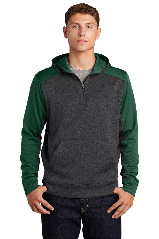 Men's wrinkle-resistant gym hoodie-Sport-Tek Mens Tech Moisture Wicking Fleece 1/4 Zip Hooded Sweatshirt Hoodie w/ Patch Pocket - Heather Graphite Grey/Forest Green