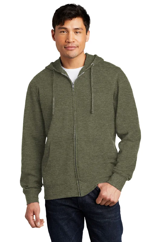 Men's versatile workout hoodie-District Mens Very Important Fleece Full Zip Hooded Sweatshirt Hoodie w/ Pockets - Heather Olive Green