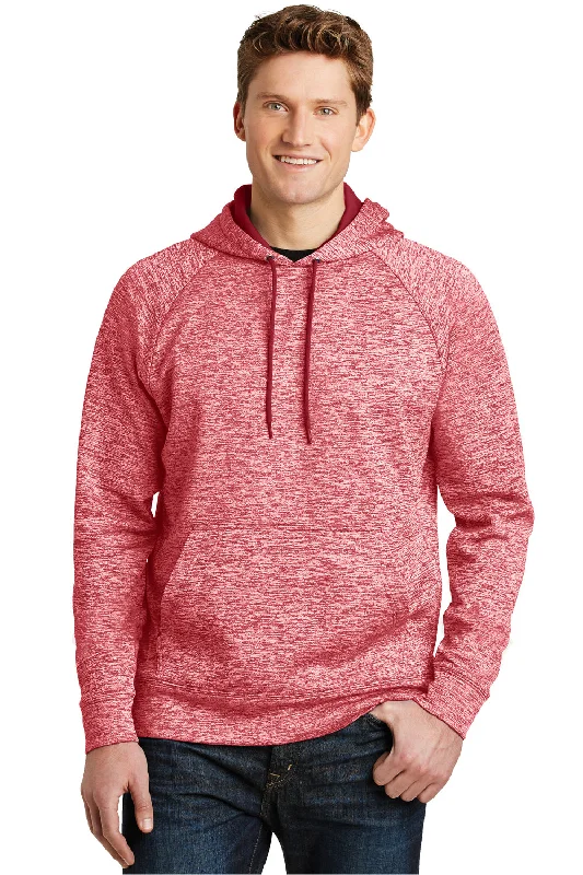 Men's lightweight running hoodie-Sport-Tek Mens Electric Heather Moisture Wicking Fleece Hooded Sweatshirt Hoodie w/ Pouch Pocket - Deep Red Electric - Closeout