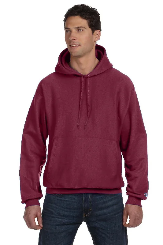 Men's sporty hiking hoodie-Champion Mens Shrink Resistant Hooded Sweatshirt Hoodie w/ Pouch Pocket - Cardinal Red