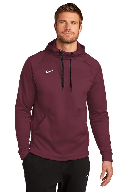 Men's gym-ready travel hoodie-Nike Mens Therma-Fit Moisture Wicking Fleece Hooded Sweatshirt Hoodie w/ Pouch Pocket - Team Dark Maroon