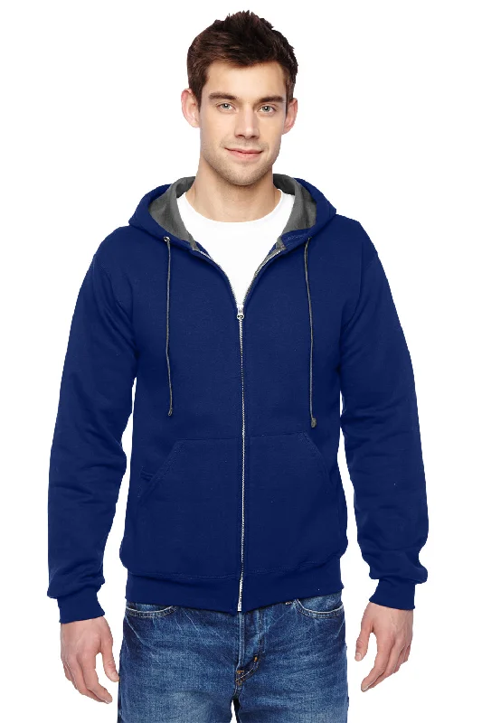 Men's performance gym hoodie-Fruit Of The Loom Mens Softspun Full Zip Hooded Sweatshirt Hoodie w/ Pockets - Admiral Blue - Closeout