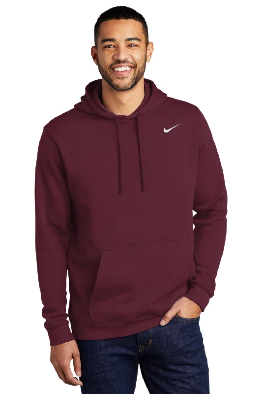 Men's lightweight active hoodie-Nike Mens Club Fleece Hooded Sweatshirt Hoodie w/ Pouch Pocket - Dark Maroon