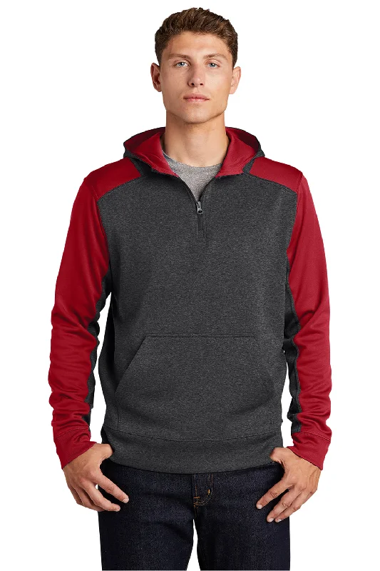 Men's tech-inspired active hoodie-Sport-Tek Mens Tech Moisture Wicking Fleece 1/4 Zip Hooded Sweatshirt Hoodie w/ Patch Pocket - Heather Graphite Grey/True Red