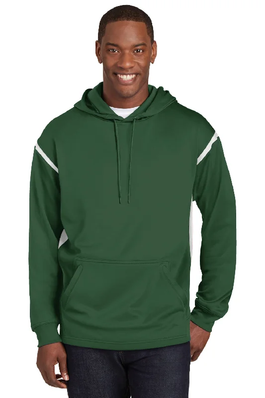 Men's weather-resistant travel hoodie-Sport-Tek Mens Tech Moisture Wicking Fleece Hooded Sweatshirt Hoodie w/ Pouch Pocket - Forest Green/White - Closeout