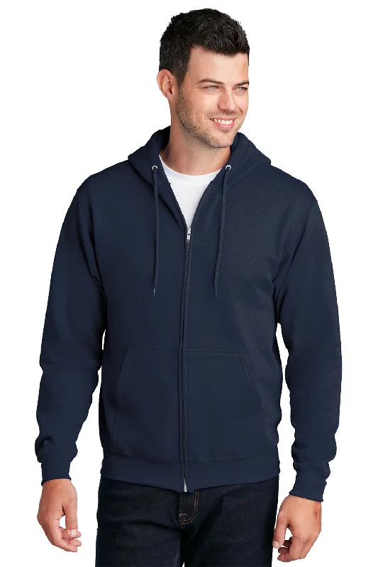 Men's cooling workout hoodie-Port & Company Mens Core Pill Resistant Fleece Full Zip Hooded Sweatshirt Hoodie w/ Pockets - Navy Blue