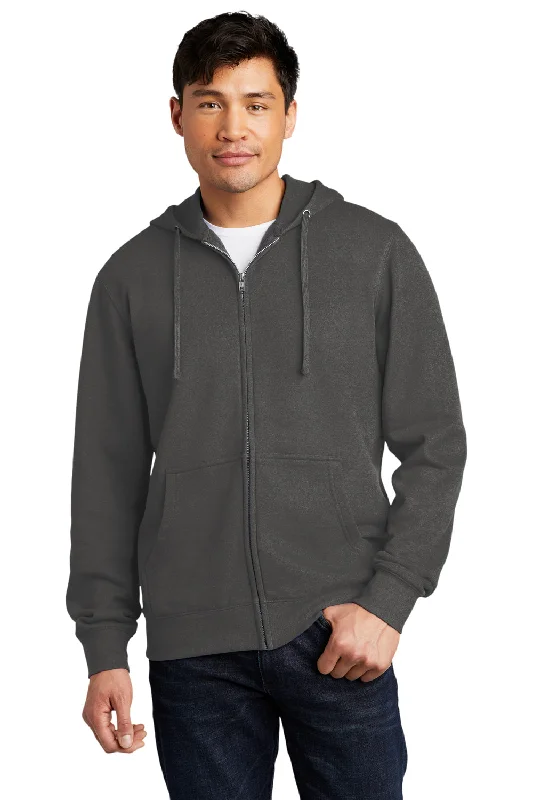 Men's antibacterial active hoodie-District Mens Very Important Fleece Full Zip Hooded Sweatshirt Hoodie w/ Pockets - Charcoal Grey