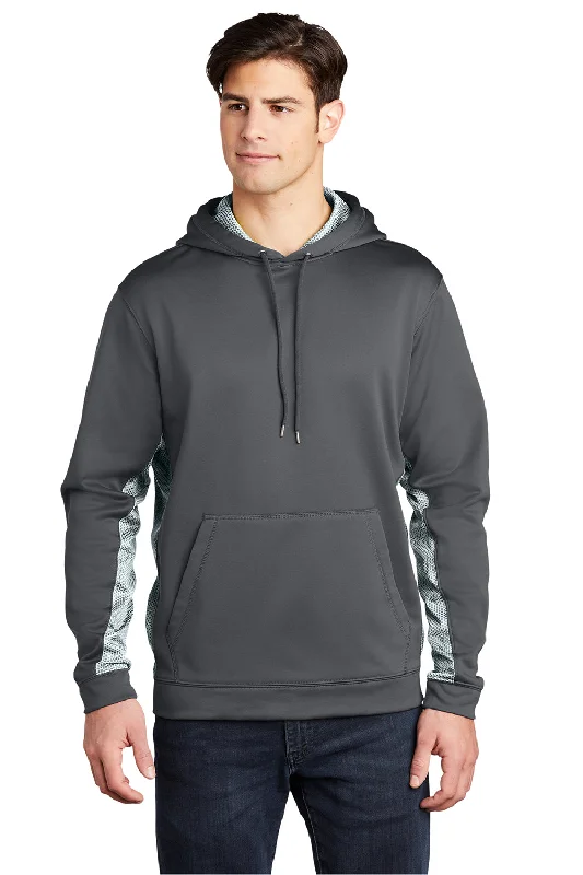 Men's adventure-ready travel hoodie-Sport-Tek Mens Sport-Wick CamoHex Moisture Wicking Fleece Hooded Sweatshirt Hoodie w/ Pouch Pocket - Dark Smoke Grey/White