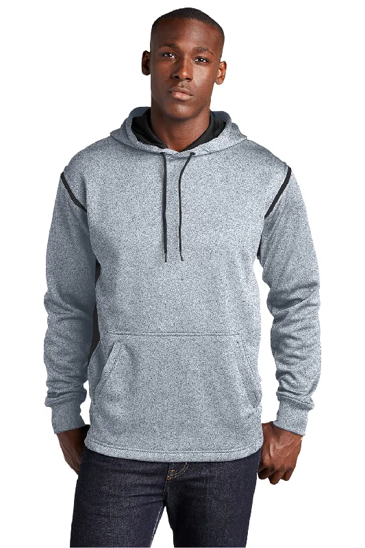 Men's versatile running hoodie-Sport-Tek Mens Tech Moisture Wicking Fleece Hooded Sweatshirt Hoodie w/ Pouch Pocket - Heather Grey/Black