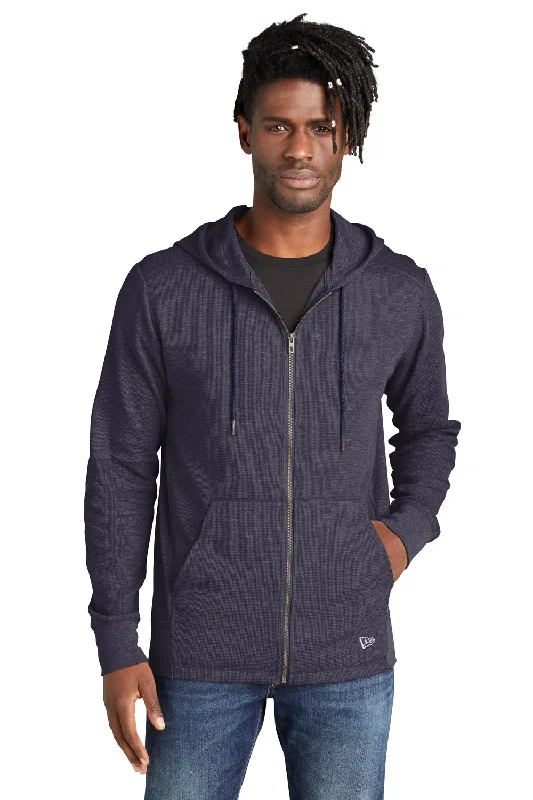 Men's sporty travel hoodie-New Era Mens Thermal Full Zip Hooded Sweatshirt Hoodie w/ Pockets - Heather True Navy Blue