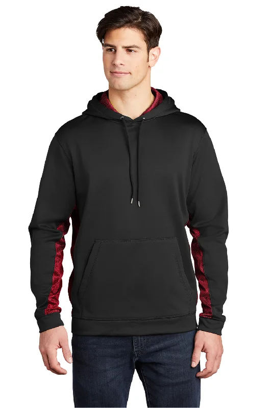 Men's comfortable hiking hoodie-Sport-Tek Mens Sport-Wick CamoHex Moisture Wicking Fleece Hooded Sweatshirt Hoodie w/ Pouch Pocket - Black/Deep Red