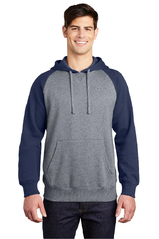 Men's antibacterial gym hoodie-Sport-Tek Mens Shrink Resistant Fleece Hooded Sweatshirt Hoodie w/ Pouch Pocket - Heather Vintage Grey/True Navy Blue