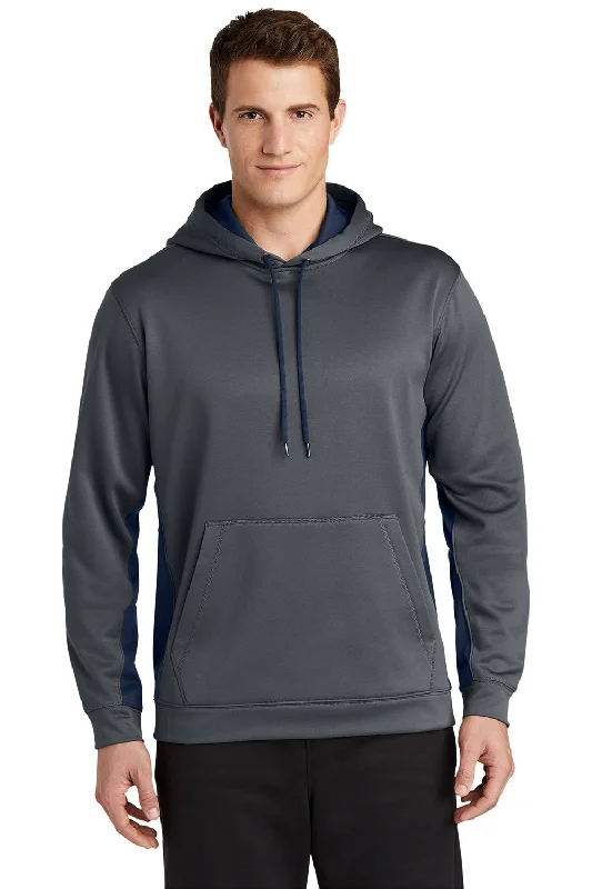 Men's breathable performance hoodie-Sport-Tek Mens Sport-Wick Moisture Wicking Fleece Hooded Sweatshirt Hoodie w/ Pouch Pocket - Dark Smoke Grey/Navy Blue