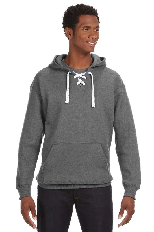 Men's gym-ready travel hoodie-J America Mens Sport Lace Hooded Sweatshirt Hoodie w/ Pouch Pocket - Heather Charcoal Grey