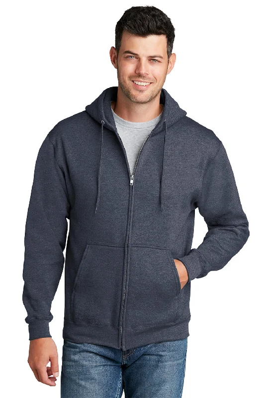 Men's durable gym hoodie-Port & Company Mens Core Pill Resistant Fleece Full Zip Hooded Sweatshirt Hoodie w/ Pockets - Heather Navy Blue