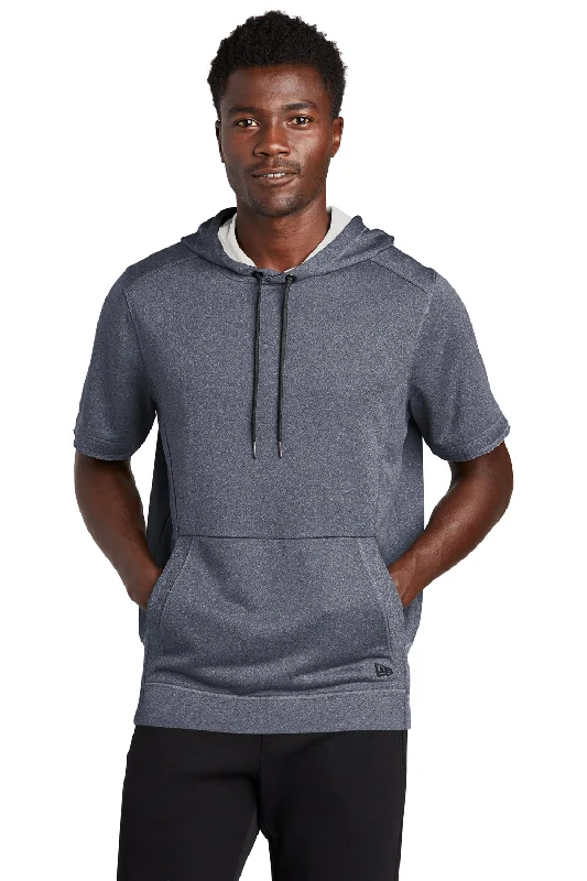 Men's performance gym hoodie-New Era Mens Performance Terry Short Sleeve Hooded Sweatshirt Hoodie w/ Pouch Pocket - Heather True Navy Blue