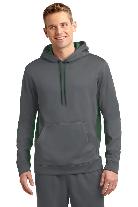 Men's cooling workout hoodie-Sport-Tek Mens Sport-Wick Moisture Wicking Fleece Hooded Sweatshirt Hoodie w/ Pouch Pocket - Dark Smoke Grey/Forest Green - Closeout