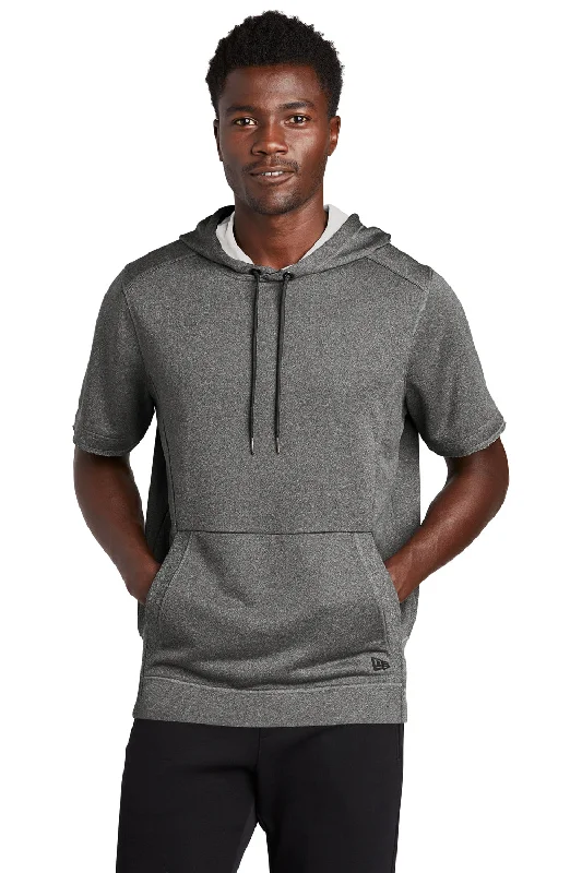 Men's pre-washed travel hoodie-New Era Mens Performance Terry Short Sleeve Hooded Sweatshirt Hoodie w/ Pouch Pocket - Heather Graphite Grey