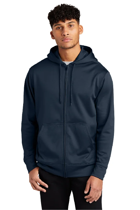 Men's eco-conscious travel hoodie-Sport-Tek Mens Sport-Wick Moisture Wicking Fleece Full Zip Hooded Sweatshirt Hoodie w/ Pouch Pocket - Navy Blue