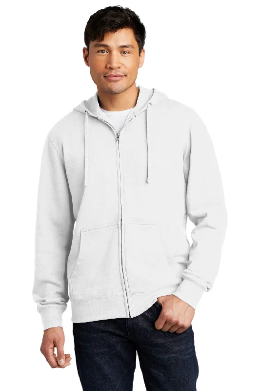 Men's sustainable gym hoodie-District Mens Very Important Fleece Full Zip Hooded Sweatshirt Hoodie w/ Pockets - White