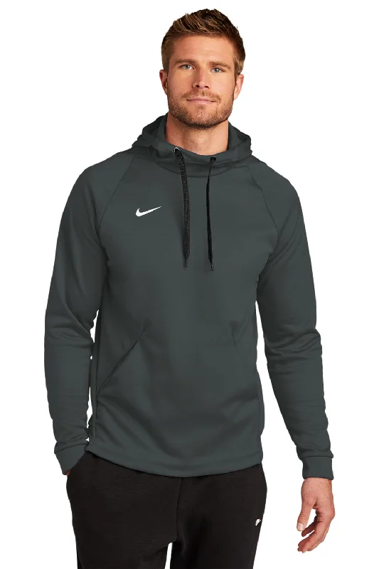 Men's relaxed fit sports hoodie-Nike Mens Therma-Fit Moisture Wicking Fleece Hooded Sweatshirt Hoodie w/ Pouch Pocket - Team Anthracite Grey