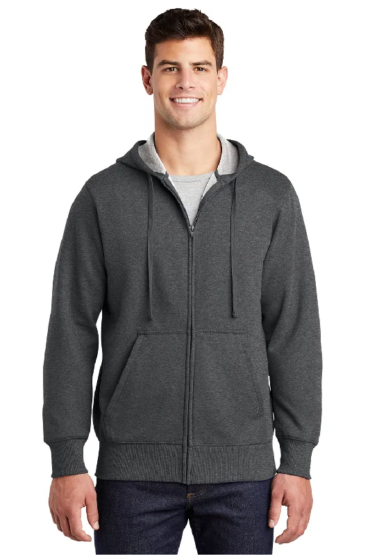 Men's pre-washed travel hoodie-Sport-Tek Mens Fleece Full Zip Hooded Sweatshirt Hoodie w/ Pouch Pocket - Heather Graphite Grey