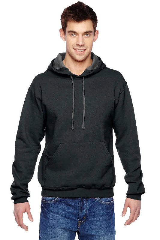 Men's organic sports hoodie-Fruit Of The Loom Mens Softspun Hooded Sweatshirt Hoodie w/ Pouch Pocket - Black - Closeout