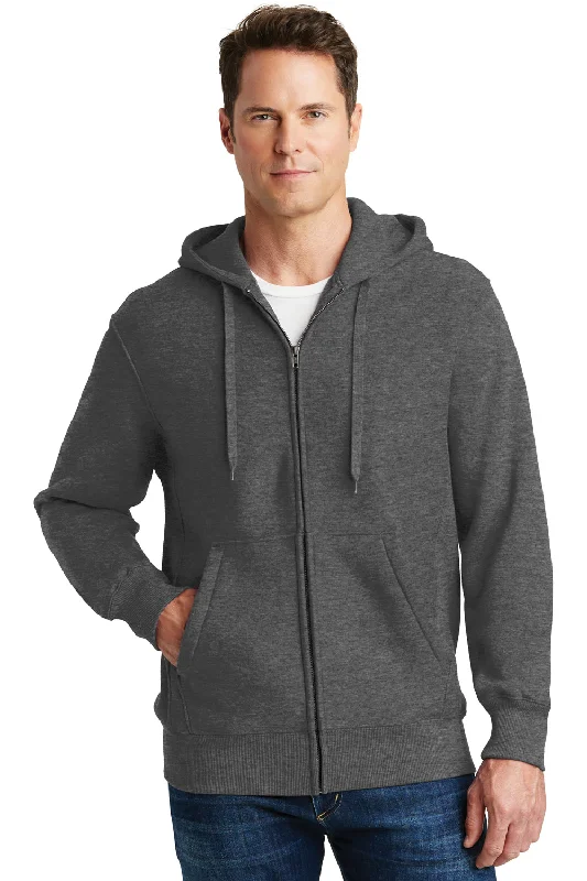 Men's non-iron travel hoodie-Sport-Tek Mens Fleece Full Zip Hooded Sweatshirt Hoodie w/ Pockets - Heather Graphite Grey