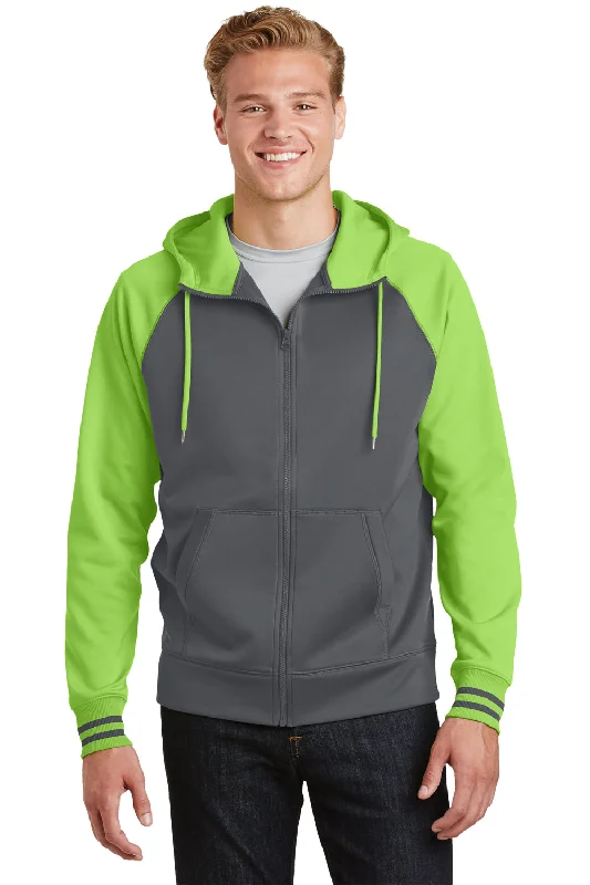 Men's breathable casual hoodie-Sport-Tek Mens Sport-Wick Moisture Wicking Fleece Hooded Sweatshirt Hoodie w/ Pouch Pocket - Dark Smoke Grey/Lime Shock Green - Closeout