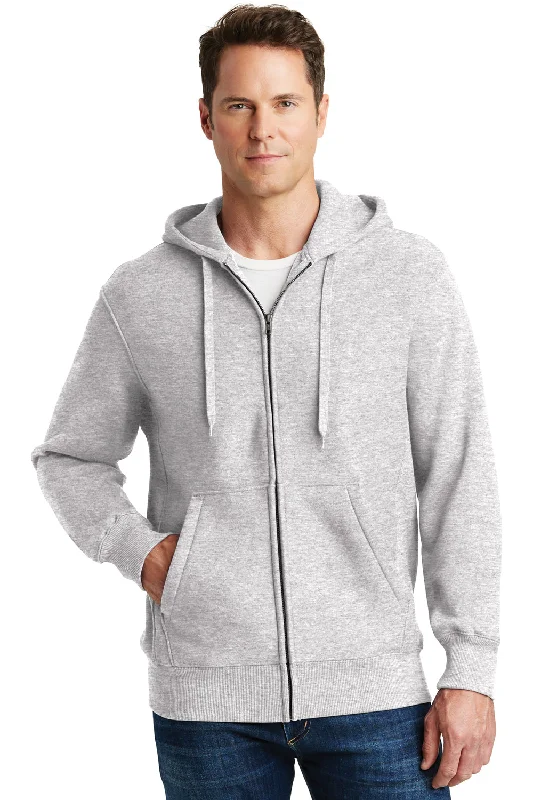 Men's naturally breathable hoodie-Sport-Tek Mens Fleece Full Zip Hooded Sweatshirt Hoodie w/ Pockets - Heather Grey