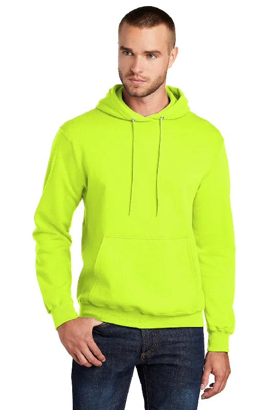 Men's quick-dry workout hoodie-Port & Company Mens Core Pill Resistant Fleece Hooded Sweatshirt Hoodie w/ Pouch Pocket - Safety Green