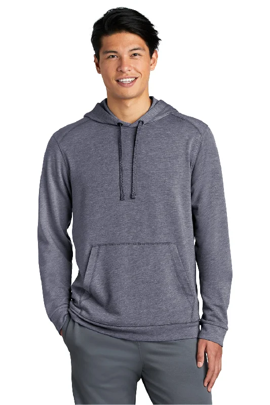 Men's tech-fabric streetwear hoodie-Sport-Tek Mens Moisture Wicking Fleece Hooded Sweatshirt Hoodie w/ Pouch Pocket - Heather True Navy Blue