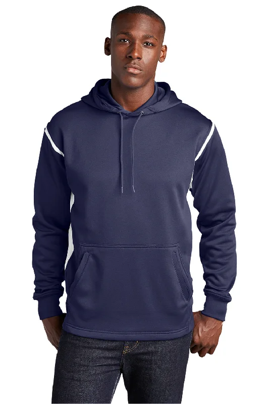 Men's sustainable fashion hoodie-Sport-Tek Mens Tech Moisture Wicking Fleece Hooded Sweatshirt Hoodie w/ Pouch Pocket - True Navy Blue/White