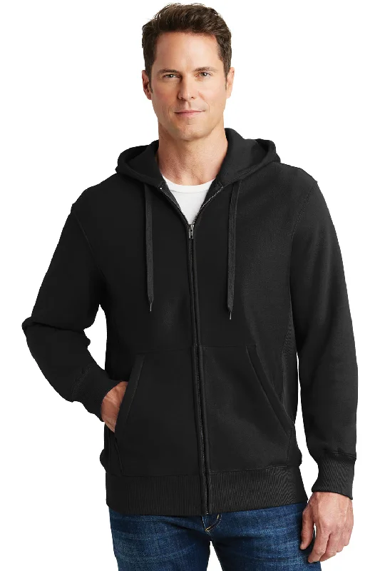 Men's pre-shrunk sports hoodie-Sport-Tek Mens Fleece Full Zip Hooded Sweatshirt Hoodie w/ Pockets - Black