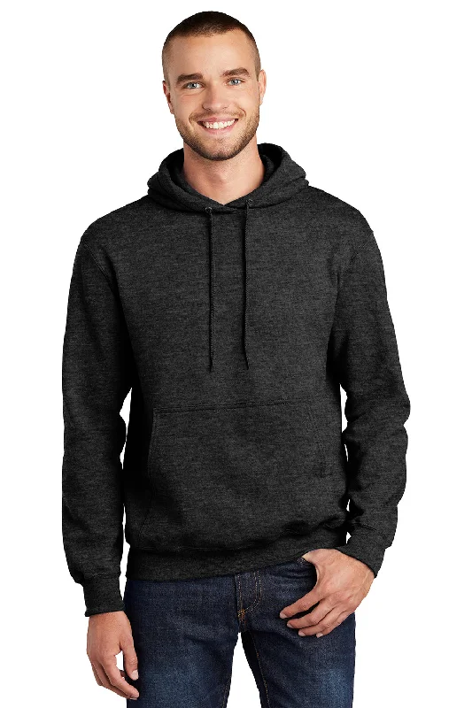 Men's pre-shrunk sports hoodie-Port & Company Mens Essential Pill Resistant Fleece Hooded Sweatshirt Hoodie w/ Pouch Pocket - Heather Black