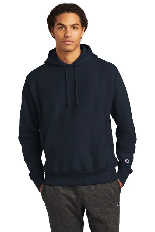 Men's comfortable casual hoodie-Champion Mens Shrink Resistant Hooded Sweatshirt Hoodie w/ Pouch Pocket - Navy Blue