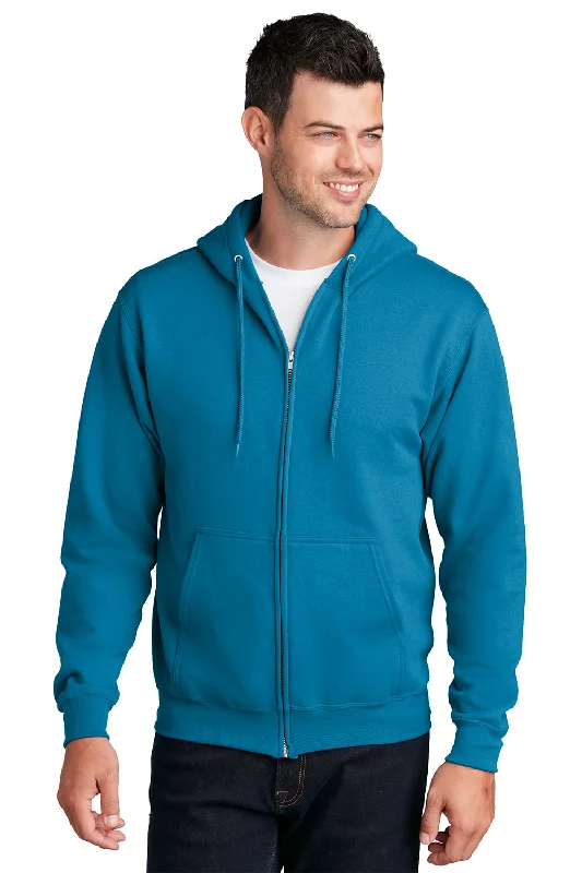 Men's breathable performance hoodie-Port & Company Mens Core Pill Resistant Fleece Full Zip Hooded Sweatshirt Hoodie w/ Pockets - Neon Blue