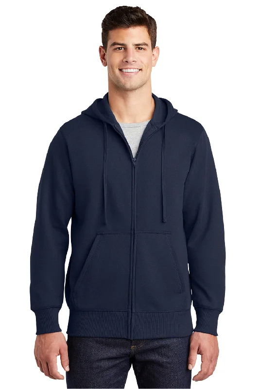 Men's quick-dry hiking hoodie-Sport-Tek Mens Fleece Full Zip Hooded Sweatshirt Hoodie w/ Pouch Pocket - True Navy Blue