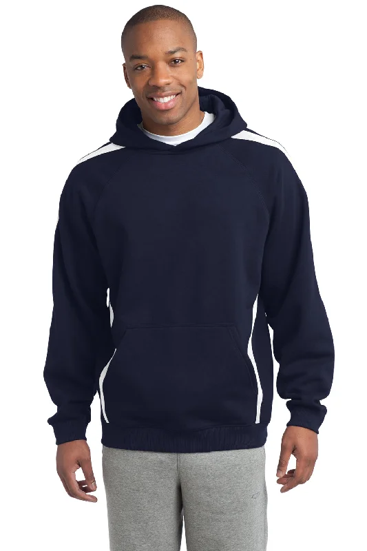 Men's fashion-forward gym hoodie-Sport-Tek Mens Shrink Resistant Fleece Hooded Sweatshirt Hoodie w/ Pouch Pocket - True Navy Blue/White - Closeout