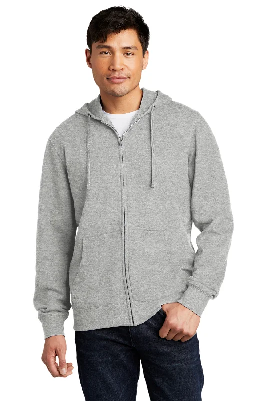 Men's wrinkle-resistant gym hoodie-District Mens Very Important Fleece Full Zip Hooded Sweatshirt Hoodie w/ Pockets - Heather Light Grey