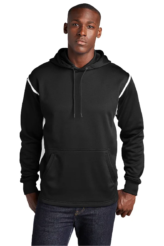 Men's wrinkle-free gym hoodie-Sport-Tek Mens Tech Moisture Wicking Fleece Hooded Sweatshirt Hoodie w/ Pouch Pocket - Black/White