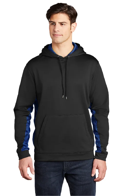 Men's antibacterial active hoodie-Sport-Tek Mens Sport-Wick CamoHex Moisture Wicking Fleece Hooded Sweatshirt Hoodie w/ Pouch Pocket - Black/True Royal Blue